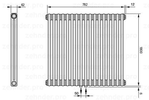 Схема (чертеж) Радиатор Zehnder Charleston 2180/17 №5410 Белый глянцевый RAL 9016